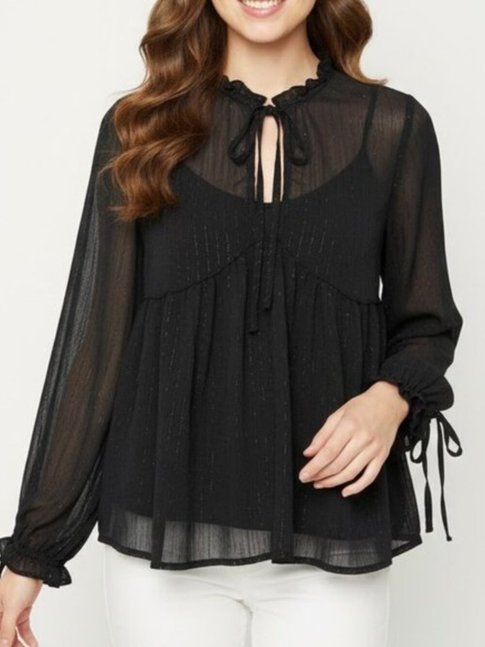 High Street Black Sheer Metallic Pinstripe Blouse | Tie Neck Babydoll Top Small